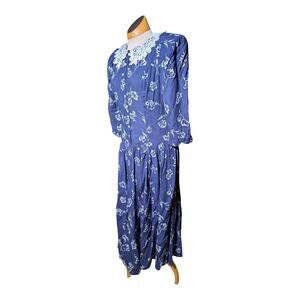 Vtg 1980s Blue White Floral Print Lace Collar Button Front Prairie Midi Dress 8